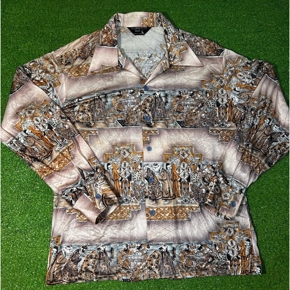 Vintage 70s Dagger Collar Disco Button Up AOP Nik-Nik Shirt Groovy Emperor Sz L
